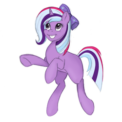 Size: 1000x1000 | Tagged: safe, artist:puggie, oc, oc only, hair bow, magical lesbian spawn, offspring, parent:trixie, parent:twilight sparkle, parents:twixie, simple background, smiling, solo, white background