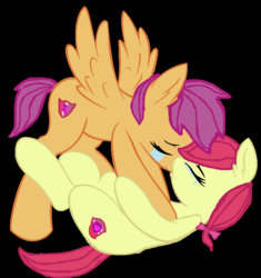 Size: 814x866 | Tagged: safe, artist:ambris, artist:barrfind, artist:rainyandfriends, apple bloom, scootaloo, g4, base used, crying, female, flying, lesbian, older, scootaloo can fly, ship:scootabloom, shipping