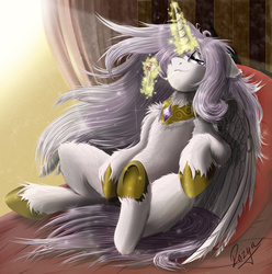 Size: 1272x1280 | Tagged: safe, artist:razya, princess celestia, princess molestia, g4, bedroom eyes, candy, crown, faic, female, fluffy, food, jewelry, lollipop, messy mane, necklace, regalia, solo