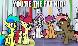 Size: 568x335 | Tagged: safe, artist:fimflamfilosophy, apple bloom, scootaloo, sweetie belle, oc, oc:aurora, oc:aurora dawn, oc:orion comet, fanfic:rainbow factory, mentally advanced series, rainbow dash presents, g4, captain hook the biker gorilla, exploitable meme, fat kid, insult, meme, memegenerator, reaction image, thrackerzod