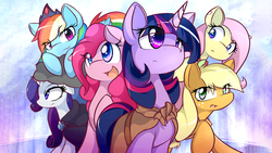 Size: 1920x1080 | Tagged: safe, artist:dshou, edit, applejack, fluttershy, pinkie pie, rainbow dash, rarity, twilight sparkle, earth pony, pegasus, pony, unicorn, g4, cloak, clothes, cloud, crown, ear piercing, female, looking up, lying down, mane six, mare, missing accessory, open mouth, piercing, raised hoof, simple background, smiling, smirk, wallpaper, wallpaper edit