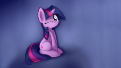 Size: 2560x1440 | Tagged: safe, artist:sheandog, edit, twilight sparkle, g4, cute, female, looking at you, one eye closed, sitting, smiling, solo, twiabetes, wallpaper, wallpaper edit, wink