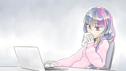 Size: 1920x1080 | Tagged: safe, artist:reavz, edit, twilight sparkle, human, chair, clothes, computer, computer mouse, drinking, female, humanized, laptop computer, sitting, solo, wallpaper, wallpaper edit