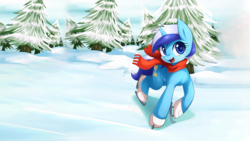 Size: 1920x1080 | Tagged: safe, artist:maren, edit, minuette, pony, unicorn, g4, 16:9, clothes, cute, female, ice skates, ice skating, looking at you, minubetes, open mouth, scarf, smiling, snow, solo, tree, wallpaper, wallpaper edit, winter