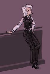 Size: 462x690 | Tagged: safe, artist:agm, trixie, human, wandering trixie, g4, boots, clothes, female, humanized, leaning, shoes, solo, suit, vest, waistcoat