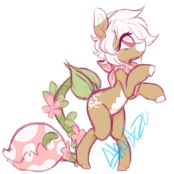 Size: 1000x1000 | Tagged: safe, artist:ad-opt, artist:skulifuck, oc, oc only, oc:bloom, oc:blossom, monster pony, original species, piranha plant pony, plant pony, pony, augmented tail, collaboration, female, looking offscreen, mare, plant, signature, simple background, solo, tailmouth, white background, white hair, white mane