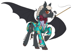 Size: 1241x877 | Tagged: safe, artist:spectralunicorn, oc, oc only, bat pony, pony, bowtie, clothes, conductor, conductor's baton, male, simple background, solo, stallion, transparent background, wing hold
