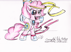 Size: 2334x1700 | Tagged: safe, artist:heromewtwo, pinkie pie, earth pony, pony, g4, bipedal, corrupted, evil, female, fight, hoof shoes, mare, nightmare jubilee, open mouth, simple background, solo, standing, traditional art, white background