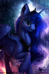 Size: 1024x1536 | Tagged: safe, artist:lulemt, princess luna, alicorn, pony, g4, beautiful, bedroom eyes, ear fluff, female, fluffy, mare, modified accessory, rain, raised hoof, smiling, solo, spread wings, wet