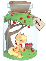 Size: 2611x3471 | Tagged: safe, artist:teranen, applejack, g4, apple, apple tree, bandana, female, food, high res, impossibly large ears, jar, no pupils, pony in a bottle, prone, solo, tongue out