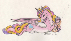 Size: 1024x590 | Tagged: safe, artist:sagastuff94, princess cadance, princess flurry heart, g4, season 6, mama cadence, mother and daughter, pale belly, prone, simple background, traditional art, watercolor painting