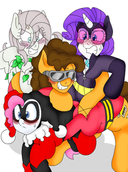 Size: 1700x2276 | Tagged: safe, artist:blackbewhite2k7, cheese sandwich, fluttershy, pinkie pie, rarity, ask the gothamville sirens, g4, blushing, catwoman, crossover, group hug, harley quinn, lifting, parody, plastic man, poison ivy, stretching