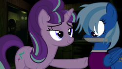 Size: 1258x719 | Tagged: safe, artist:westrail642fan, starlight glimmer, oc, oc:sapphire lily, springtrapped, g4, duct tape, fazbear's fright: the horror attraction, five nights at freddy's, five nights at freddy's 3, glowing eyes, s5 starlight