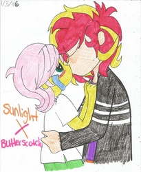 Size: 1024x1247 | Tagged: safe, artist:xxfluffypachirisuxx, fluttershy, sunset shimmer, equestria girls, g4, blushing, butterscotch, crying, equestria guys, eyes closed, gay, glarescotch, humanized, kissing, male, rule 63, ship:sunshyne, shipping, sunset glare, tears of joy, traditional art