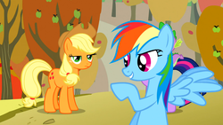 Size: 1366x768 | Tagged: safe, screencap, applejack, rainbow dash, spike, twilight sparkle, fall weather friends, g4