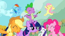 Size: 1366x768 | Tagged: safe, screencap, applejack, fluttershy, pinkie pie, rainbow dash, rarity, spike, twilight sparkle, dragon, earth pony, pegasus, pony, unicorn, fall weather friends, g4, season 1, cheering, dragon hat, dragons riding ponies, female, grumpy twilight, horn, male, mane seven, mane six, riding, riding a pony, spike riding twilight, twilight sparkle is not amused, unamused, unicorn twilight, wingless spike