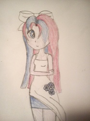 Size: 704x939 | Tagged: artist needed, safe, oc, oc only, oc:flower blossom, human, blue eyes, clothes, dress, female, hair bow, hair over one eye, humanized, multicolored hair, transgender