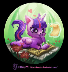 Size: 1000x1062 | Tagged: safe, artist:kongyi, spike, twilight sparkle, cat, mouse, g4, :3, :3c, book, catified, cute, duo, flower, heart, horn, levitation, magic, mousified, prone, reading, smiling, species swap, spikabetes, telekinesis, twiabetes, twilight cat, twilight sparkle (alicorn), weapons-grade cute, wings