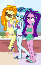 Size: 625x1000 | Tagged: safe, artist:dm29, adagio dazzle, aria blaze, sonata dusk, equestria girls, g4, my little pony equestria girls: rainbow rocks, bare shoulders, beach, belly button, bikini, breasts, cleavage, clothes, down under summer, eyes closed, feet, female, food, one-piece swimsuit, sandals, sleeveless, sunglasses, swimsuit, taco, the dazzlings, trio