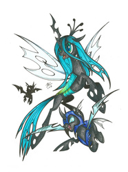 Size: 1024x1378 | Tagged: safe, artist:hexfloog, queen chrysalis, changeling, changeling queen, g4, colored pencil drawing, female, flying, simple background, traditional art, trio, white background