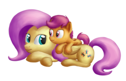 Size: 2104x1366 | Tagged: safe, artist:uber-dragon, fluttershy, scootaloo, g4, cuddling, cute, simple background, snuggling, transparent background