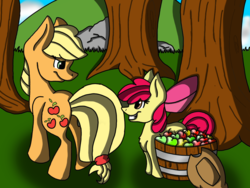 Size: 960x720 | Tagged: safe, artist:jinx-wolf-47, apple bloom, applejack, g4, apple, food, sisters