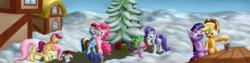 Size: 4800x1200 | Tagged: safe, artist:uber-dragon, angel bunny, applejack, fluttershy, pinkie pie, rainbow dash, rarity, scootaloo, spike, twilight sparkle, alicorn, pony, g4, christmas, christmas tree, female, hat, hug, mane seven, mane six, mare, present, santa hat, snow, tree, twilight sparkle (alicorn)
