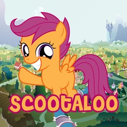 Size: 5000x5000 | Tagged: safe, artist:1nsp1r, scootaloo, pegasus, pony, g4, absurd resolution, canterlot, female, filly, foal, giant pony, giantess, macro, ponyville, solo
