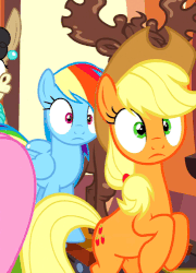 Size: 359x500 | Tagged: safe, screencap, applejack, fluttershy, mulia mild, pinkie pie, rainbow dash, earth pony, pegasus, pony, g4, mmmystery on the friendship express, animated, cowboy hat, female, hat, mare, open mouth, rearing, shocked, stetson