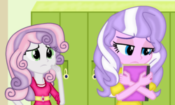 Size: 1140x685 | Tagged: safe, artist:prettycelestia, diamond tiara, sweetie belle, crusaders of the lost mark, equestria girls, g4, canterlot high, duo, duo female, equestria girls interpretation, female, sad, scene interpretation, the pony i want to be
