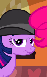 Size: 276x458 | Tagged: safe, screencap, pinkie pie, twilight sparkle, earth pony, pony, unicorn, g4, mmmystery on the friendship express, animated, animation error, aside glance, female, grumpy, grumpy twilight, hat, looking at you, mare, reaction image