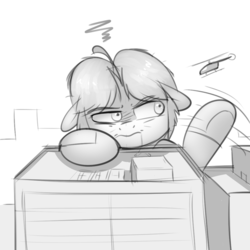 Size: 1000x1000 | Tagged: safe, artist:khorme, oc, oc only, oc:ultramare, earth pony, pony, annoyed, city, drool, helicopter, macro, monochrome, sketch, waking up