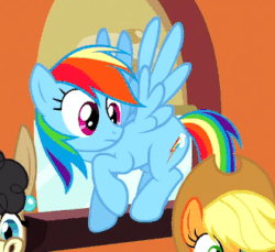 Size: 330x302 | Tagged: safe, screencap, applejack, mulia mild, rainbow dash, earth pony, mule, pegasus, pony, g4, mmmystery on the friendship express, animated, applejack's hat, blinking, cowboy hat, cute, female, flapping, flying, frown, gif, mare, multicolored mane, solo focus, stetson, train