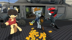 Size: 1176x664 | Tagged: safe, oc, oc only, oc:blackjack, oc:littlepip, cyborg, pony, unicorn, fallout equestria, 3d, black hawk heli, clothes, drug cartels, drugs, fanfic, fanfic art, female, game, gmod, gun, helicopter, horn, jumpsuit, mare, mint-als, pipbuck, rocket launcher, soldier, soldier (tf2), team fortress 2, vault suit, weapon
