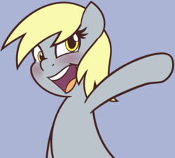 Size: 1280x1158 | Tagged: safe, artist:furrgroup, derpy hooves, pegasus, pony, g4, blushing, female, gray background, happy, looking at you, mare, open mouth, raised hoof, simple background, smiling, solo