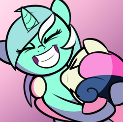 Size: 1280x1266 | Tagged: safe, artist:furrgroup, bon bon, lyra heartstrings, sweetie drops, earth pony, pony, unicorn, g4, adorabon, cute, duo, eyes closed, female, gradient background, hug, irrational exuberance, lesbian, lyrabetes, mare, open mouth, pink background, ship:lyrabon, shipping, simple background, smiling, xd