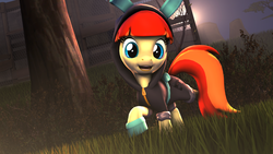 Size: 1920x1080 | Tagged: safe, artist:star-lightstarbright, oc, oc only, oc:film flick, earth pony, pony, 3d, bunny ears, clothes, costume, dangerous mission outfit, female, hoodie, looking at you, mare, open mouth, solo, source filmmaker