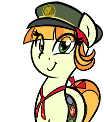 Size: 1280x1507 | Tagged: safe, artist:furrgroup, tag-a-long, pony, g4, clothes, female, filly, filly guides, hat, looking at you, merit badge, necktie, simple background, smiling, solo, tail bow, vest, white background