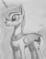 Size: 1667x2117 | Tagged: safe, artist:aurelleah, princess luna, g4, concave belly, cute, female, folded wings, happy, long mane, missing accessory, monochrome, pencil, pencil drawing, peytral, shading, simple, slim, smiling, solo, thin, traditional art, wings