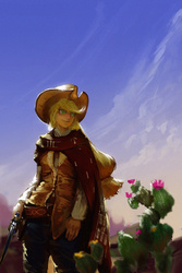 Size: 1280x1920 | Tagged: safe, artist:ciyunhe, applejack, human, g4, cactus, chromatic aberration, clint eastwood, clothes, cowboy, cowboy hat, female, gun, hat, humanized, jeans, pants, poncho, revolver, solo, stetson, the man with no name, weapon