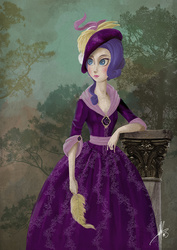 Size: 595x842 | Tagged: safe, artist:ladyamaltea, rarity, human, g4, alternate hairstyle, bust, clothes, column, dress, feather, female, gown, hat, humanized, pastiche, portrait, rococo, solo, tree