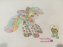 Size: 1024x768 | Tagged: safe, artist:vanillaswirl6, apple bloom, earth pony, pony, g4, eyes closed, female, rainbow power, rainbow power-ified, solo, traditional art