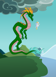 Size: 600x825 | Tagged: safe, artist:queencold, oc, oc only, oc:chun, chinese dragon, dragon, eastern dragon, pegasus, pony, g4, argument, cloud, dragon oc, dragoness, duo, floating, mountain, snow