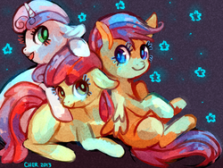 Size: 1280x960 | Tagged: safe, artist:cherivinca, apple bloom, scootaloo, sweetie belle, earth pony, pegasus, pony, unicorn, g4, cutie mark crusaders, female, filly, looking at you, sitting