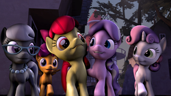 Size: 1280x720 | Tagged: safe, artist:neon-ns, apple bloom, diamond tiara, scootaloo, silver spoon, sweetie belle, g4, 3d, cutie mark crusaders, glasses, necklace