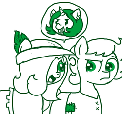 Size: 640x600 | Tagged: safe, artist:ficficponyfic, oc, oc only, oc:emerald jewel, oc:joyride, oc:ruby rouge, colt quest, clothes, colt, female, femboy, filly, foal, frown, hat, male, story included, suspicious, tomboy