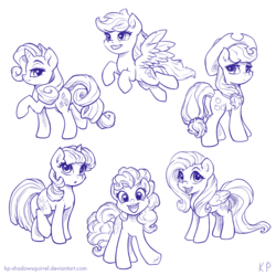 Size: 2000x2000 | Tagged: safe, artist:kp-shadowsquirrel, applejack, fluttershy, pinkie pie, rainbow dash, rarity, twilight sparkle, g4, high res, mane six, monochrome, simple background