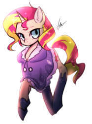 Size: 982x1316 | Tagged: dead source, safe, artist:lessue, sunset shimmer, pony, unicorn, g4, clothes, coat, female, hoof boots, solo, winter outfit
