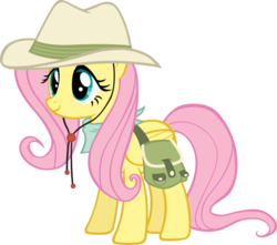 Size: 3000x2648 | Tagged: safe, artist:doctor-g, fluttershy, pony, g4, three's a crowd, bandana, clothes, explorer outfit, fedora, female, hat, high res, saddle bag, safari hat, simple background, solo, transparent background, vector