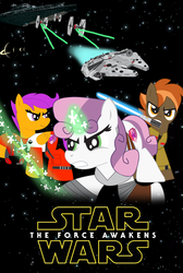 Size: 2326x3460 | Tagged: safe, artist:ejlightning007arts, button mash, scootaloo, sweetie belle, pony, g4, clothes, cosplay, costume, cutie mark, finn (star wars), high res, lightsaber, millenium falcon, parody, poe dameron, poster, rey, spaceship, star destroyer, star wars, starfighter, the cmc's cutie marks, tie fighter, weapon